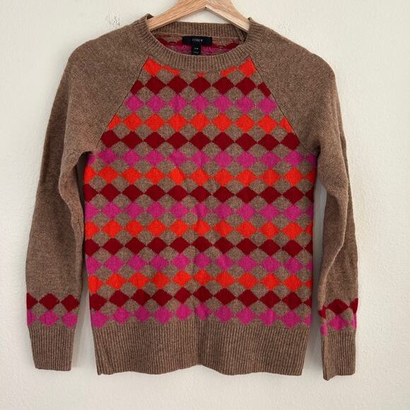 J Crew Sweater Pullover 100% Lambs Wool Brown Multi Diamond Pattern SZXXS - Picture 4 of 12
